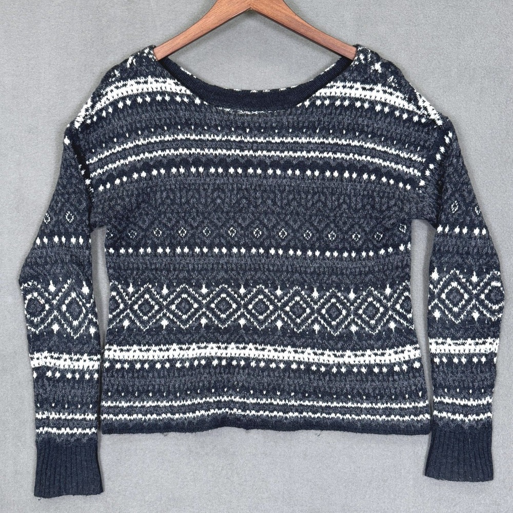 American Eagle Sweater Women S Gray Fair Isle Knit Pullover Winter Boho Top New